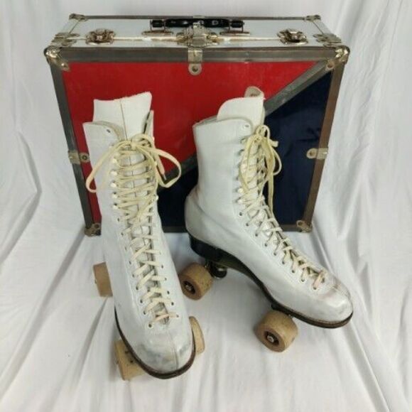 Antique Vintage Hyde Athletic Shoe Roller Skates 6 1/2, Chicago Wood Wheels Case - Picture 1 of 16